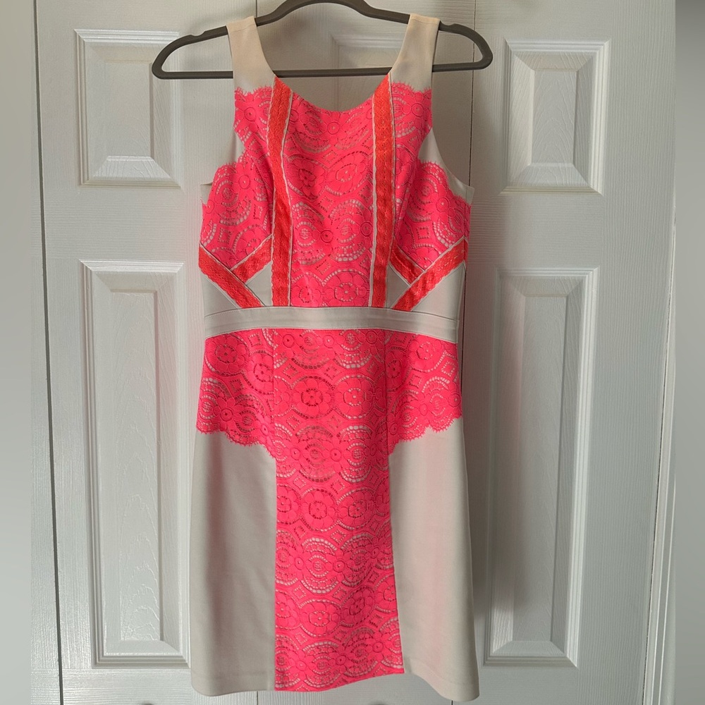 Gianni Bini Hot pink and white overlay zip up dress